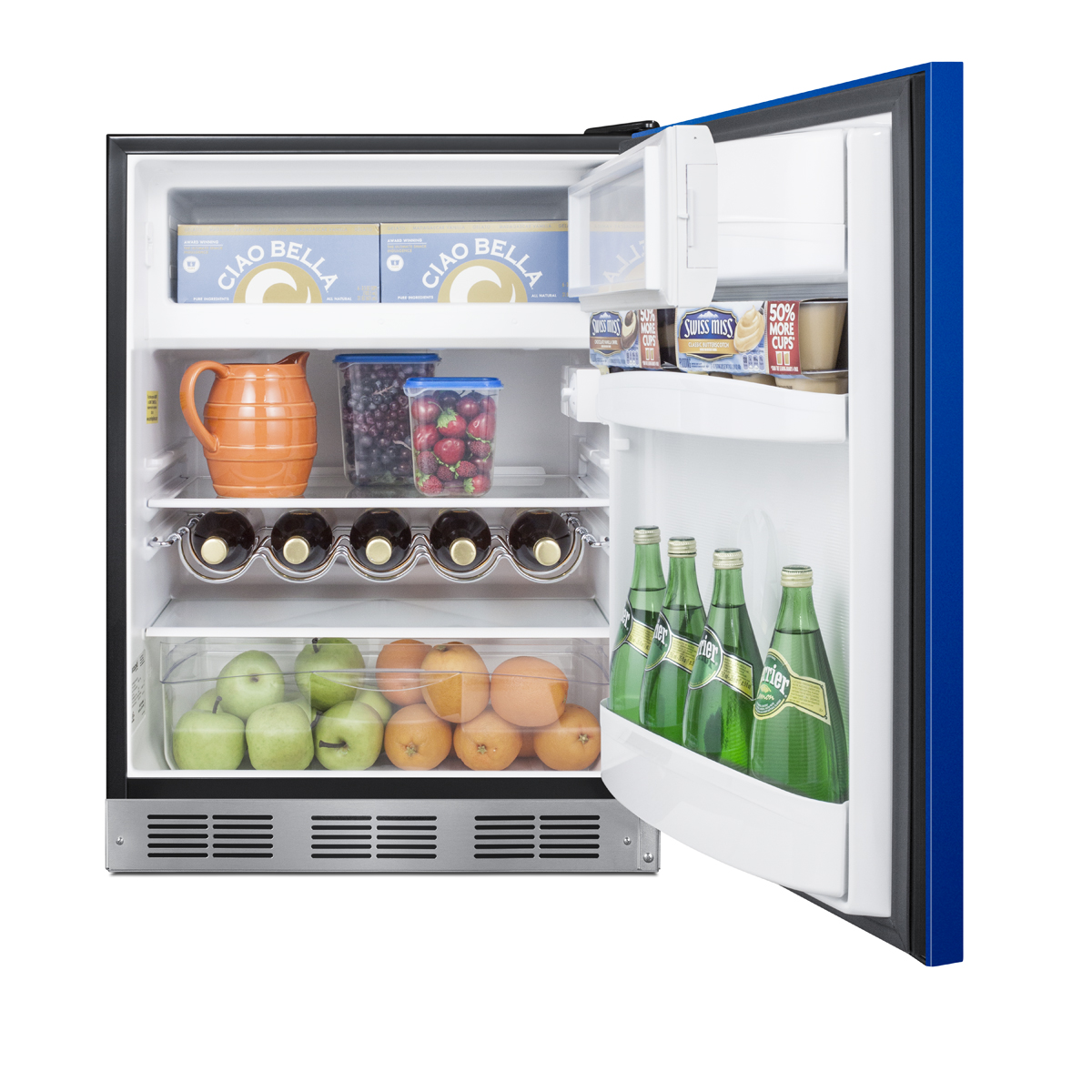 24 in. wide ADA height refrigerator-freezer for residential use with a cobalt blue door, stainless steel handle, and black cabinet